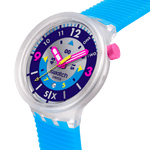 Load image into Gallery viewer, Swatch Neon Hielo SB01K400 - cassa trasparente - cinturino silicone azzurro e quadrante blu/argento