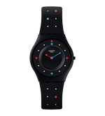 Load image into Gallery viewer, Swatch Paleo SFB146 - nero con pois rossi/azzurri/bianchi