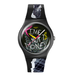 Load image into Gallery viewer, Swatch Blank check SO32B122-5300 - cinturino e cassa neri - quadrante nero con scritta bianca "Time is not money"