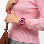 Load image into Gallery viewer, Swatch Fuchsia lines SUSB110 - cassa plastica nera - cinturino silicone rosa - quadrante multicolor con cronografo