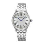 Load image into Gallery viewer, Quadrante blu satinato effetto soleil con numeri romani e indici sottili del Seiko Classic Lady 3 sfere SWR085P1