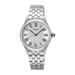 Load image into Gallery viewer, Cassa rettangolare in acciaio inox da 22,2 mm con vetro Hardlex curvo e corona con cabochon blu elegante del Seiko Classic Lady 3 sfere