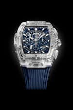 Load image into Gallery viewer, Hublot Spirit of Big Bang Sapphire Blue 642.JX.7170.RX - cassa cristallo di zaffiro - cinturino gomma blu - quadrante scheletrato blu con cronografo