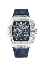 Load image into Gallery viewer, Hublot Spirit of Big Bang Sapphire Blue 642.JX.7170.RX - cassa cristallo di zaffiro - cinturino gomma blu - quadrante scheletrato blu con cronografo