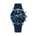 Load image into Gallery viewer, Quadrante blu sunburst con tre contatori cronografo tono su tono, lancette e indici luminescenti, datario a finestrella del Breitling Superocean Heritage B01 Chronograph 42