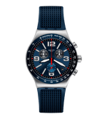 Load image into Gallery viewer, Swatch Blue Grid YVS454 con cassa in acciaio inox da 43 mm e quadrante blu scuro cronografo.