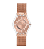 Load image into Gallery viewer, Swatch Hello Darling SS08K104M con cassa trasparente da 34 mm e quadrante rosa con stampa multicolore.