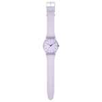 Load image into Gallery viewer, Vista frontale dell’orologio Swatch Lavendaze SO29V101 con quadrante minimalista e lancette coordinate in viola/lavanda.