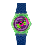 Load image into Gallery viewer, Swatch Neon Skychart SO28G704 con cassa verde biosource da 34 mm e cinturino blu in silicone.
