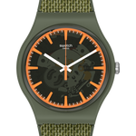 Load image into Gallery viewer, Dettaglio cinturino verde oliva in tessuto e silicone con fibbia in plastica.