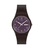 Load image into Gallery viewer, Orologio Swatch Weaving Wonders modello SO28C700 con cassa rotonda grigia in plastica e quadrante viola con lancette rosa e bianca.