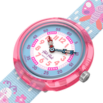 Load image into Gallery viewer, Flik Flak Garden friends FBNP253 - cassa rosa - cinturino multicolor - quadrante bianco e azzurro