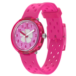 Load image into Gallery viewer, Flik Flak Fizz in hibiscus FCNP005 - cinturino silicone rosa - cassa rosa - quadrante rosa con fiore di ibisco