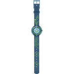 Load image into Gallery viewer, Dettaglio cinturino tessile verde con fibbia regolabile dell’orologio Flik Flak Code Talk FPNP174, comodo e sicuro per i bambini.