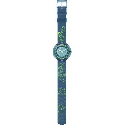Dettaglio cinturino tessile verde con fibbia regolabile dell’orologio Flik Flak Code Talk FPNP174, comodo e sicuro per i bambini.