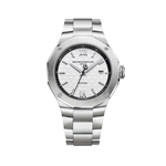 Load image into Gallery viewer, Quadrante bianco con decoro a onde e rehaut nero, numeri romani e indici rivettati rodiati rivestiti di Superluminova bianco dell'orologio Baume & Mercier Riviera 10829