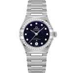 Load image into Gallery viewer, Quadrante blu soleil dell’Omega Constellation 29 mm con indici a diamanti, lancette e logo in oro Sedna 18K, datario a ore 6