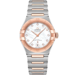 Load image into Gallery viewer, Quadrante in madreperla perlata dell’Omega Constellation 29 mm con indici a diamanti, lancette in acciaio inox rodiato e datario a ore 6