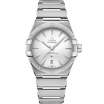 Load image into Gallery viewer, Quadrante argentato sunburst dell’Omega Constellation 39 mm con indici a bastone rodiati, lancette sfaccettate e datario a ore 6