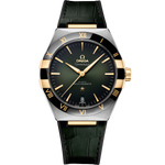 Load image into Gallery viewer, Quadrante argentato sunburst dell’Omega Constellation 41 mm con indici a bastone e lancette in oro giallo, datario a ore 6