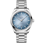 Load image into Gallery viewer, Quadrante blu laccato soleil con lancette e indici in PVD grigio riempiti di Super-LumiNova bianca dell’Omega Seamaster Aqua Terra 150m 38 mm modello 220.10.38.20.03.004.