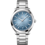 Load image into Gallery viewer, Quadrante blu Summer Blue con motivo teak a raggi di sole, lancette e indici rodiati luminescenti con Super-LumiNova azzurra, datario a ore 6 dell’Omega Seamaster Aqua Terra 41 mm