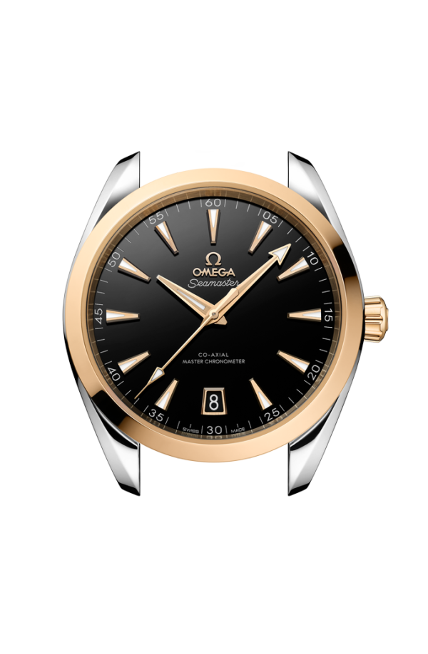 Profilo laterale della cassa in acciaio inossidabile con dettagli in oro Moonshine™ da 41 mm, vetro zaffiro bombato antiriflesso e corona a vite Omega.