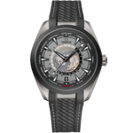 Load image into Gallery viewer, Quadrante nero guilloché con mappa del mondo incisa al laser su titanio e indici in oro Moonshine™ 18K dell’Omega Seamaster Aqua Terra 150M GMT Worldtimer 43 mm modello 220.92.43.22.99.001.