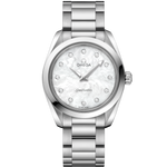 Load image into Gallery viewer, Quadrante in madreperla bianca con indici impreziositi da diamanti dell’Omega Seamaster Aqua Terra 150M Quartz 28 mm modello 220.10.28.60.55.001.