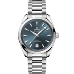 Load image into Gallery viewer, Quadrante blu Atlantic Blue laccato soleil con indici e lancette rodiati riempiti di Super-LumiNova bianca dell’Omega Seamaster Aqua Terra Shades 38 mm modello 220.10.38.20.03.003.