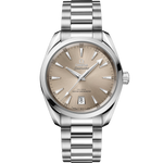 Load image into Gallery viewer, Quadrante verde alloro sunburst dell’Omega Seamaster Aqua Terra Shades 38 mm con indici a bastone rodiati, lancette sfaccettate e datario a ore 6