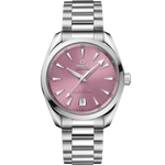 Load image into Gallery viewer, Quadrante rosa sunburst dell’Omega Seamaster Aqua Terra Shades 38 mm con indici a bastone rodiati, lancette sfaccettate riempite di Super-LumiNova bianca e datario a ore 6