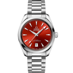Load image into Gallery viewer, Quadrante verde alloro sunburst dell’Omega Seamaster Aqua Terra Shades 38 mm con indici a bastone rodiati, lancette sfaccettate e datario a ore 6