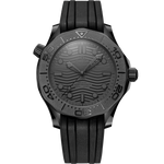 Load image into Gallery viewer, Quadrante nero in ceramica con motivo a onde inciso al laser, lancette e indici luminescenti rodiati dell’Omega Seamaster Diver 300M 43,5 mm modello 210.92.44.20.01.003.