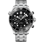 Load image into Gallery viewer, Quadrante nero opaco in ceramica con motivo a onde inciso al laser, indici e lancette luminescenti dell’Omega Seamaster Diver 300M Chronograph 44 mm modello 210.30.44.51.01.001.