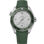 Load image into Gallery viewer, Quadrante grigio sfumato con numeri arabi arancioni luminescenti e datario a ore 3 dell’Omega Seamaster Planet Ocean 600M 43,5 mm modello 215.32.44.21.06.001 con cinturino in caucciù tecnico.