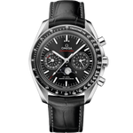 Load image into Gallery viewer, Quadrante nero spazzolato a raggi di sole con indicatore delle fasi lunari a ore 6, indici rodiati e lancette luminescenti dell’Omega Speedmaster Moonphase 44,25 mm