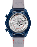 Load image into Gallery viewer, Fondello trasparente con movimento automatico Omega 9904 a vista e cinturino in pelle blu con chiusura pieghevole ceramica/titanio.