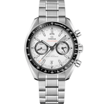 Load image into Gallery viewer, Quadrante nero con motivo racing, contatori cronografo con anelli bruniti e indici a freccia in oro bianco 18K con Super-LumiNova bianca