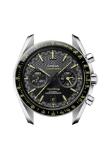 Load image into Gallery viewer, Profilo laterale della cassa in acciaio da 44,25 mm con vetro zaffiro bombato, corona a vite e lunetta fissa in ceramica nera con scala tachimetrica gialla.