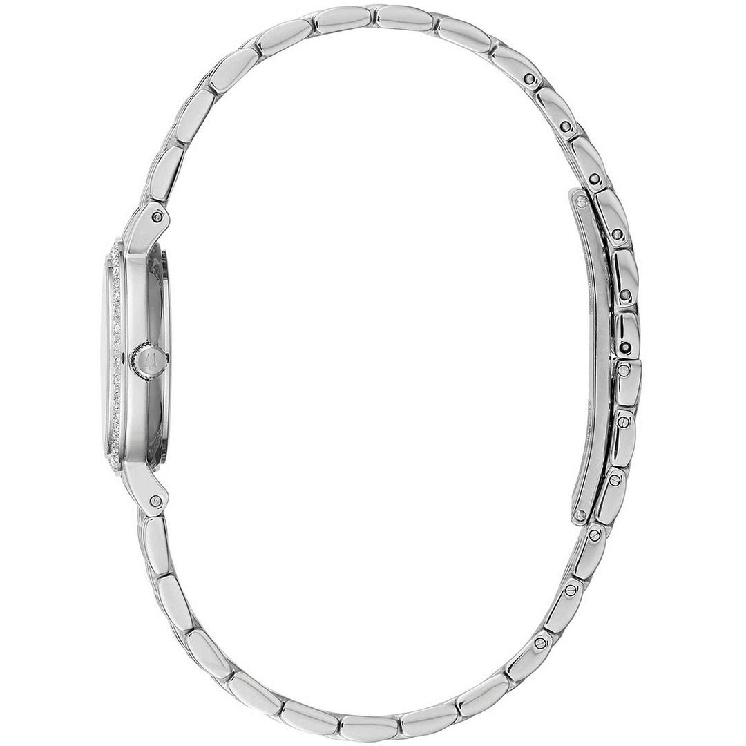 Vetro zaffiro trasparente con dettagli raffinati del quadrante madreperla e diamanti dell’orologio Bulova Classic Lady 96R241