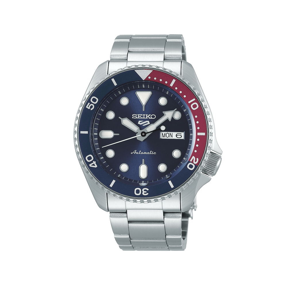 Orologio Seiko 5 Sports SRPD53K1 con cassa in acciaio inox da 42,5 mm e lunetta rossa e blu “Pepsi”.