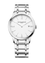 Load image into Gallery viewer, Quadrante bianco opaco con numeri romani e datario a finestrella a ore 3 dell'orologio Baume & Mercier Classima 10354