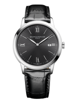 Load image into Gallery viewer, Quadrante color ardesia satinato sunray con indici in numeri romani e datario a finestrella a ore 3 dell'orologio Baume & Mercier Classima 10416