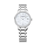 Load image into Gallery viewer, Quadrante in madreperla bianca con 48 diamanti taglio brillante, datario a finestrella e lancette dorate dell'orologio Baume & Mercier Classima 10478