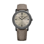 Load image into Gallery viewer, Quadrante opalino color sabbia con finitura satinata soleil, decorazioni lineari e réhaut color ardesia, numeri romani neri e lancette a foglia dell'orologio Baume & Mercier Classima 10767