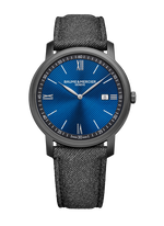 Load image into Gallery viewer, Quadrante blu con finitura satinata soleil, decorazioni lineari e réhaut nero, numeri romani rodiati e lancette a foglia dell'orologio Baume & Mercier Classima 10780