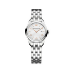 Load image into Gallery viewer, Quadrante argentato satinato soleil dell'orologio Baume & Mercier Clifton 10175 con lancette Dauphine rosse e datario a finestrella