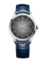 Load image into Gallery viewer, Quadrante laccato grigio sfumato con mirino bianco al centro, lancette e indici rodiati dell'orologio Baume & Mercier Clifton 10550