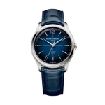 Load image into Gallery viewer, Quadrante laccato blu sfumato con minuteria e mirino bianchi, numero arabo a ore 12, indici rodiati e sfaccettati rivettati a forma di trapezio e lancette a forma di alfa dell'orologio Baume & Mercier Clifton 10771